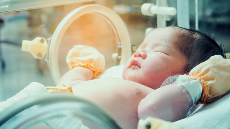 Neugeborenes Baby in einem Inkubator im Krankenhaus